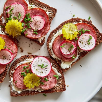 Colorful Open Faced Polish Sandwiches topped with ham, egg, and crisp sliced vegetables