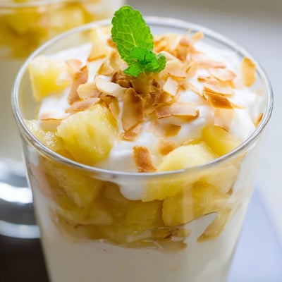 Creamy mini pineapple condensed coconut milk dessert served in elegant small glasses with mint